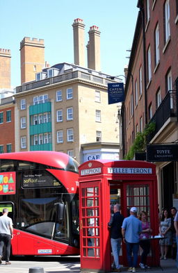 A bustling urban street scene in an English city, vibrant with activity