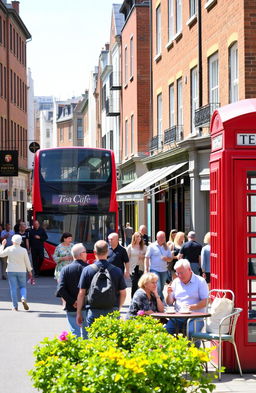 A bustling urban street scene in an English city, vibrant with activity