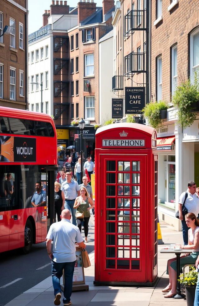 A bustling urban street scene in an English city, vibrant with activity