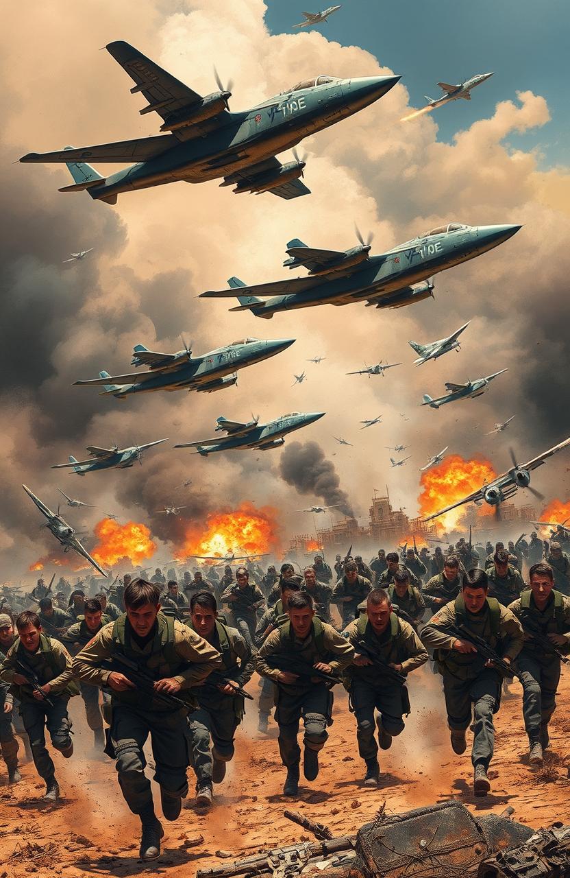 A dramatic scene depicting fighter jets flying overhead, releasing bombs in a chaotic and intense environment