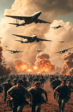 A dramatic scene depicting fighter jets flying overhead, releasing bombs in a chaotic and intense environment