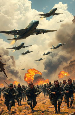 A dramatic scene depicting fighter jets flying overhead, releasing bombs in a chaotic and intense environment