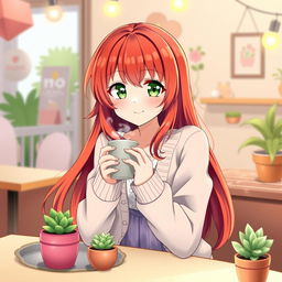 A vibrant redhead anime girl sitting at a cozy café table, holding a steaming cup of coffee with a warm smile