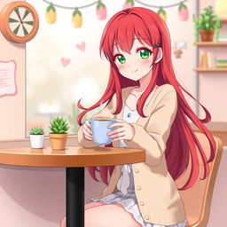 A vibrant redhead anime girl sitting at a cozy café table, holding a steaming cup of coffee with a warm smile