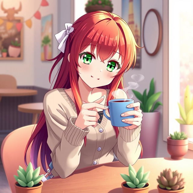 A vibrant redhead anime girl sitting at a cozy café table, holding a steaming cup of coffee with a warm smile