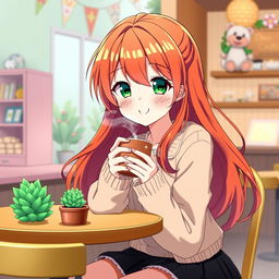 A vibrant redhead anime girl sitting at a cozy café table, holding a steaming cup of coffee with a warm smile