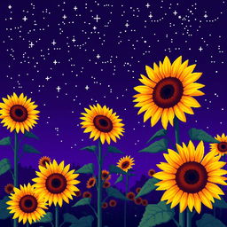 An incredibly detailed and beautiful night landscape showcasing multiple sunflowers against an unusually vibrant violet sky