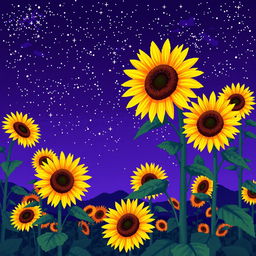 An incredibly detailed and beautiful night landscape showcasing multiple sunflowers against an unusually vibrant violet sky