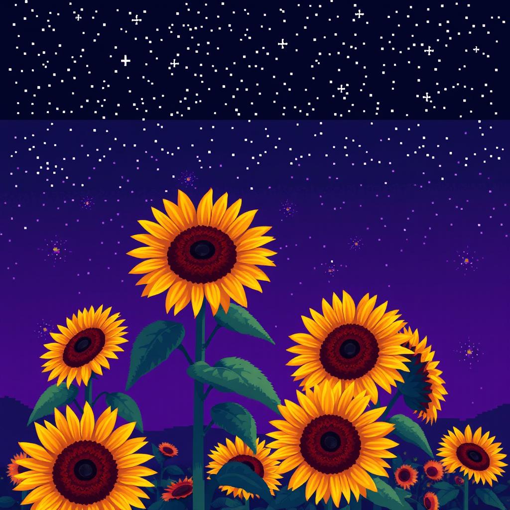 An incredibly detailed and beautiful night landscape showcasing multiple sunflowers against an unusually vibrant violet sky