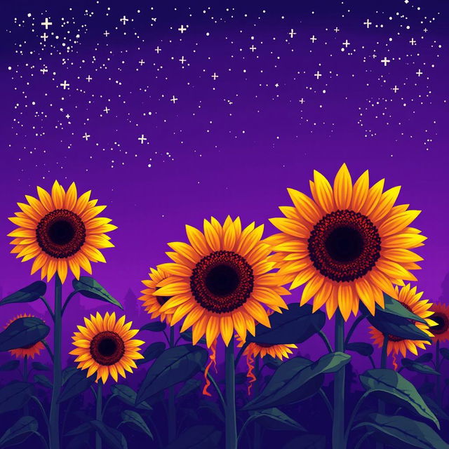 An incredibly detailed and beautiful night landscape showcasing multiple sunflowers against an unusually vibrant violet sky