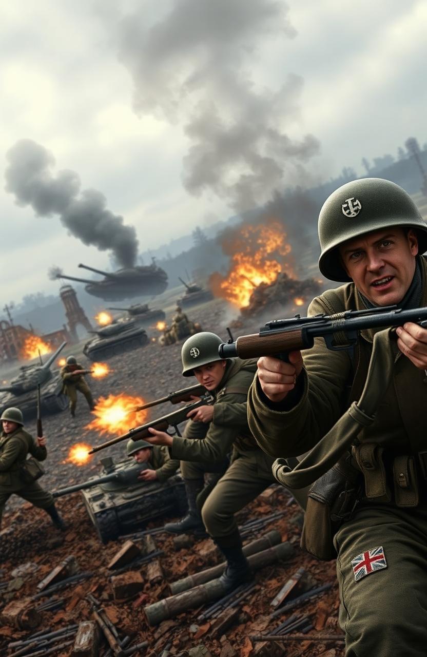 A detailed scene depicting a historic battlefield from the World War II era, featuring soldiers in authentic uniforms from various nations, such as American GIs, German Wehrmacht troops, and British soldiers, engaging in a fierce firefight