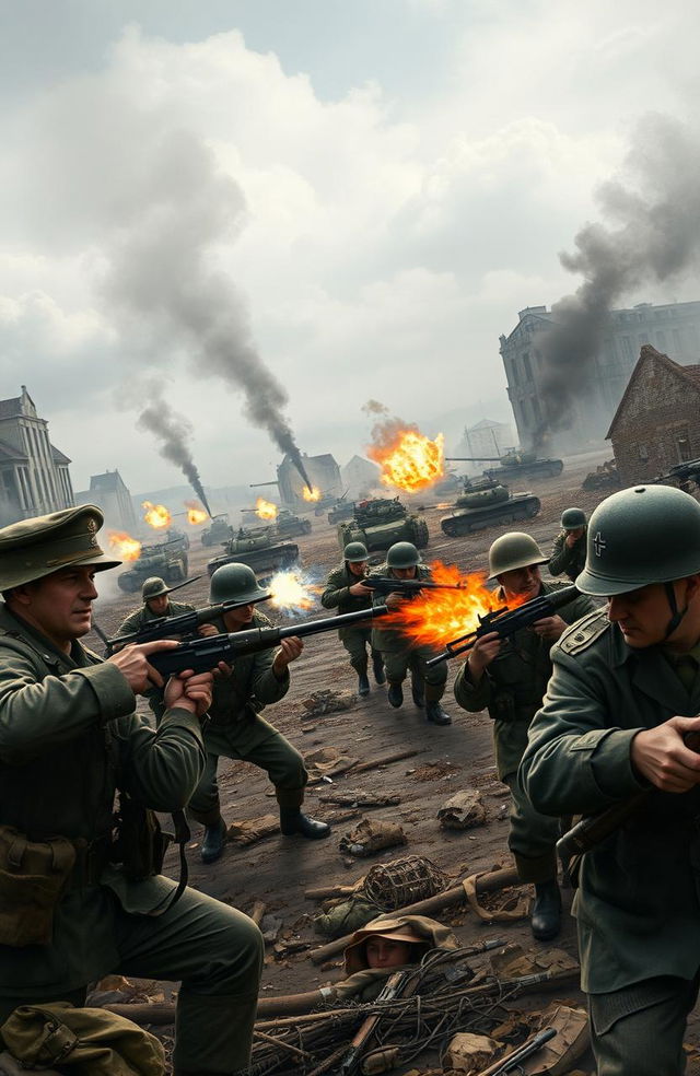 A detailed scene depicting a historic battlefield from the World War II era, featuring soldiers in authentic uniforms from various nations, such as American GIs, German Wehrmacht troops, and British soldiers, engaging in a fierce firefight