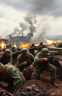 A detailed scene depicting a historic battlefield from the World War II era, featuring soldiers in authentic uniforms from various nations, such as American GIs, German Wehrmacht troops, and British soldiers, engaging in a fierce firefight