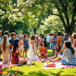 A vibrant and lively scene of diverse people gathering together in a park, showcasing a variety of cultures and styles