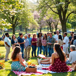 A vibrant and lively scene of diverse people gathering together in a park, showcasing a variety of cultures and styles