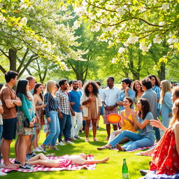 A vibrant and lively scene of diverse people gathering together in a park, showcasing a variety of cultures and styles