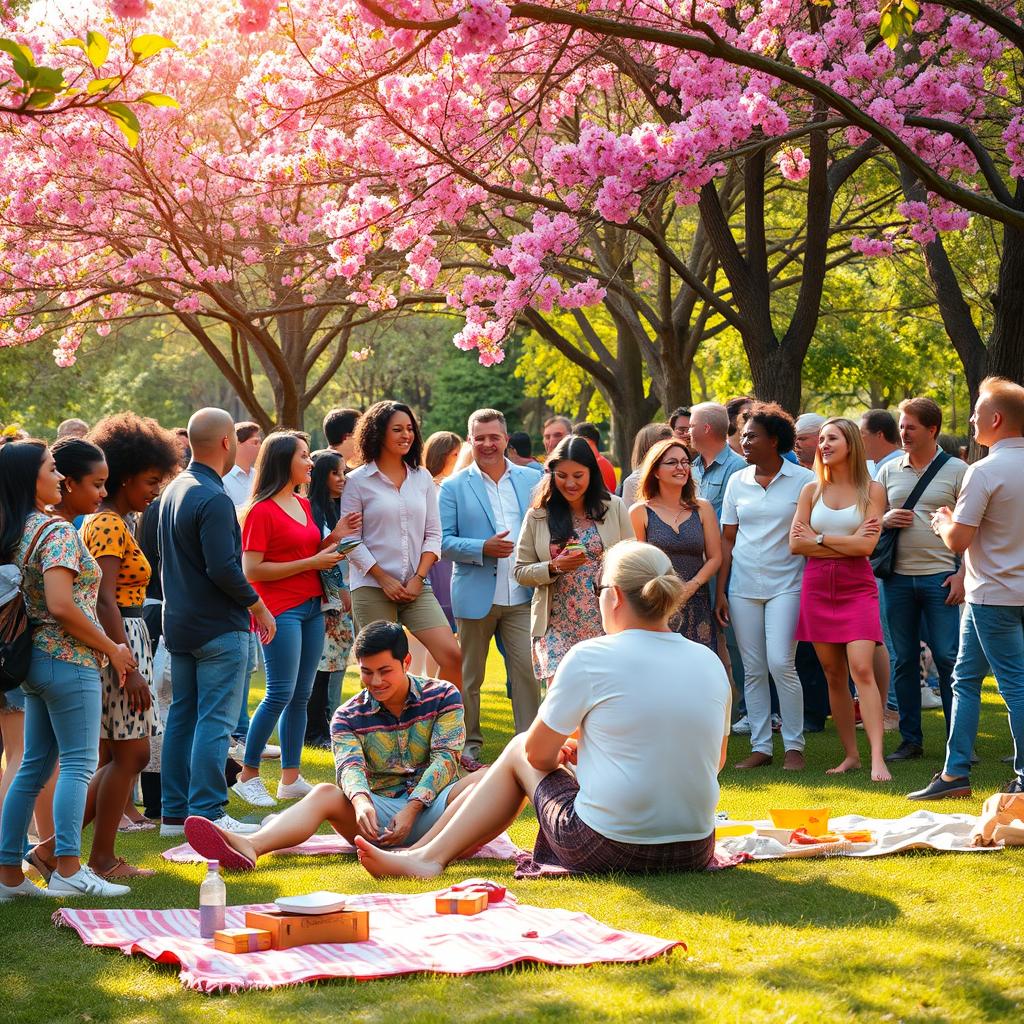 A vibrant and lively scene of diverse people gathering together in a park, showcasing a variety of cultures and styles