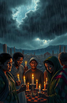 A depiction of a historical moment in the Chimoio massacre, showcasing a vivid and emotional representation of resilience and remembrance
