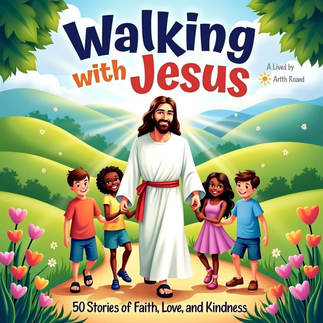 A beautiful and inviting book cover for 'Walking with Jesus: 50 Stories of Faith, Love, and Kindness for Children'