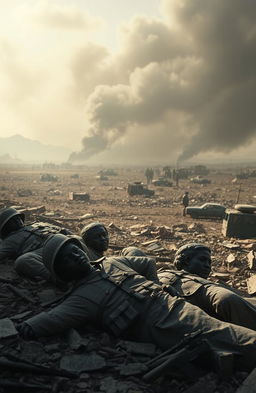 A haunting and powerful depiction of a war-torn landscape featuring the aftermath of battle