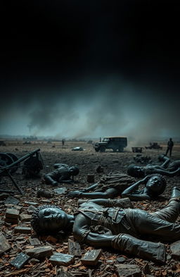 A haunting and powerful depiction of a war-torn landscape featuring the aftermath of battle