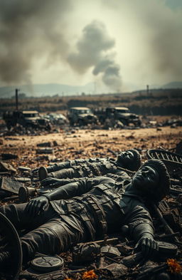 A haunting and powerful depiction of a war-torn landscape featuring the aftermath of battle