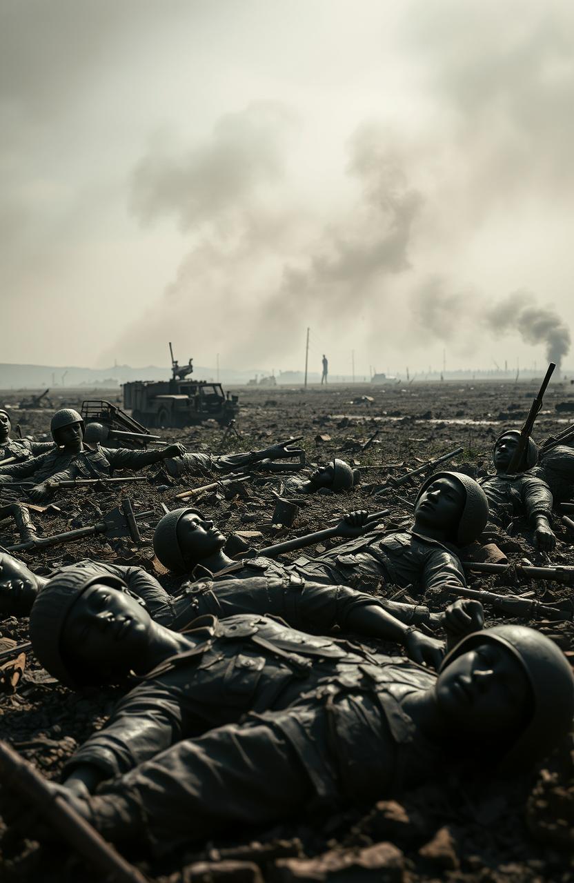 A haunting and powerful depiction of a war-torn landscape featuring the aftermath of battle