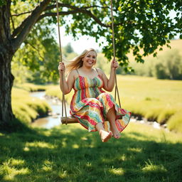 A full body portrait of a curvy woman with long blonde hair styled in a playful ponytail, swinging joyfully on a rustic wooden swing that hangs from a beautifully leafy tree