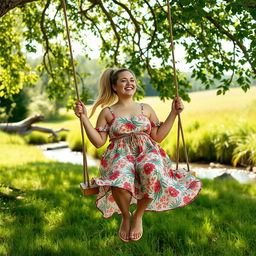 A full body portrait of a curvy woman with long blonde hair styled in a playful ponytail, swinging joyfully on a rustic wooden swing that hangs from a beautifully leafy tree