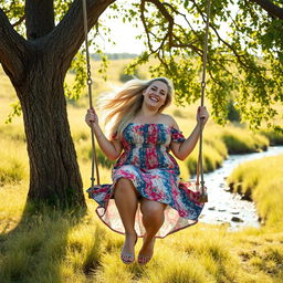 A full body portrait of a curvy woman with long blonde hair styled in a playful ponytail, swinging joyfully on a rustic wooden swing that hangs from a beautifully leafy tree