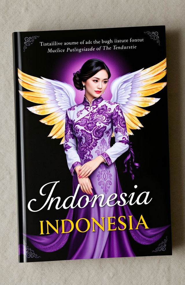 A mesmerizing book cover featuring a central icon of an Indonesian woman wearing a traditional kebaya, elegantly detailed and adorned in rich textures