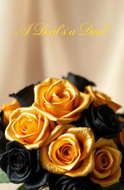 A stunning arrangement of gold and black roses set against a soft, blurred background