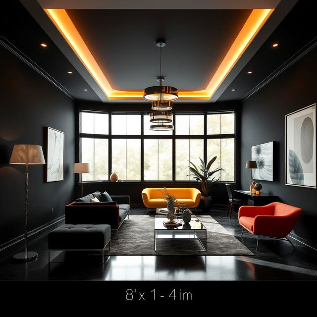 A room measuring 8 by 4 meters with interior walls painted black