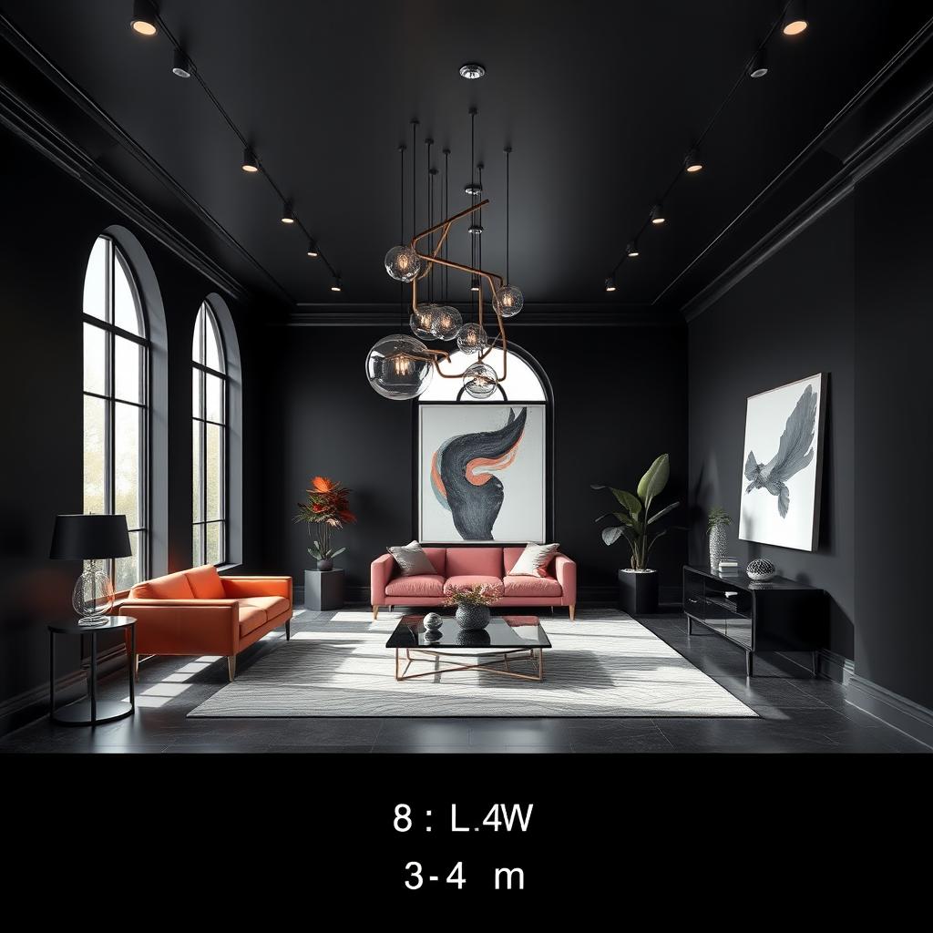 A room measuring 8 by 4 meters with interior walls painted black