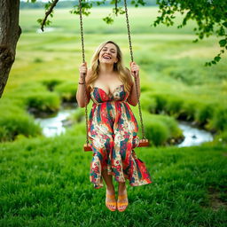 A full body portrait of a curvy woman with long blonde hair, joyfully swinging on a wooden swing hanging from a tree