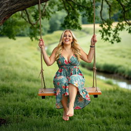 A full body portrait of a curvy woman with long blonde hair, joyfully swinging on a wooden swing hanging from a tree