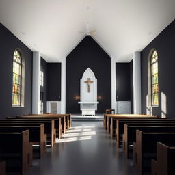 Interior of a church, dimensions 8 meters by 4 meters, featuring black walls and white interior lighting