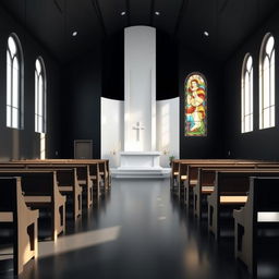Interior of a church, dimensions 8 meters by 4 meters, featuring black walls and white interior lighting