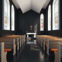 Interior of a church, dimensions 8 meters by 4 meters, featuring black walls and white interior lighting