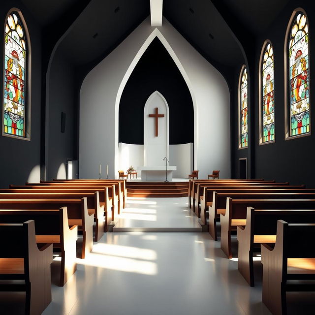 Interior of a church, dimensions 8 meters by 4 meters, featuring black walls and white interior lighting