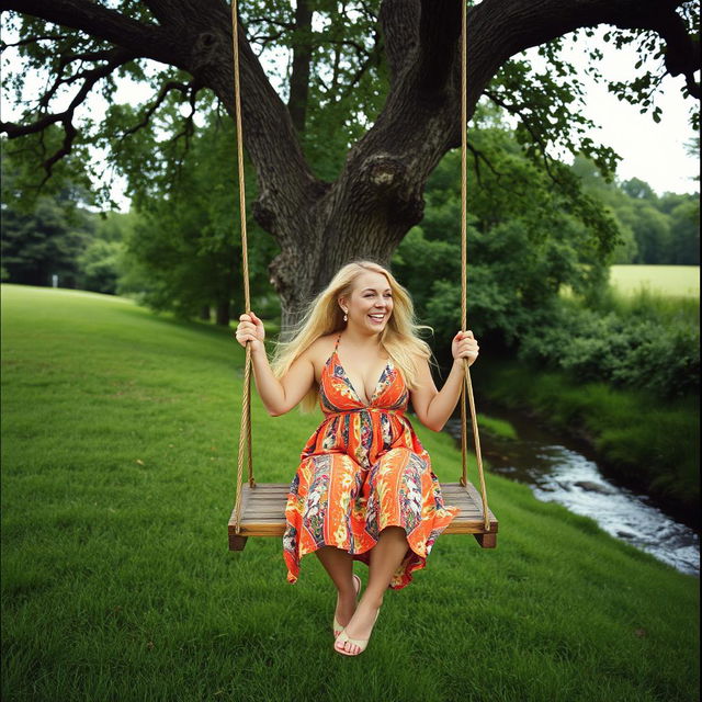 An analogue photograph capturing a full body shot of a curvy woman with long blonde hair