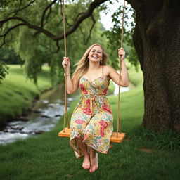 An analogue photograph capturing a full body shot of a curvy woman with long blonde hair