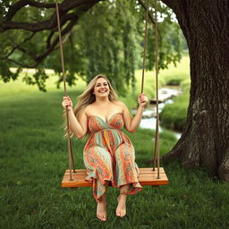An analogue photograph capturing a full body shot of a curvy woman with long blonde hair