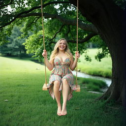 An analogue photograph capturing a full body shot of a curvy woman with long blonde hair