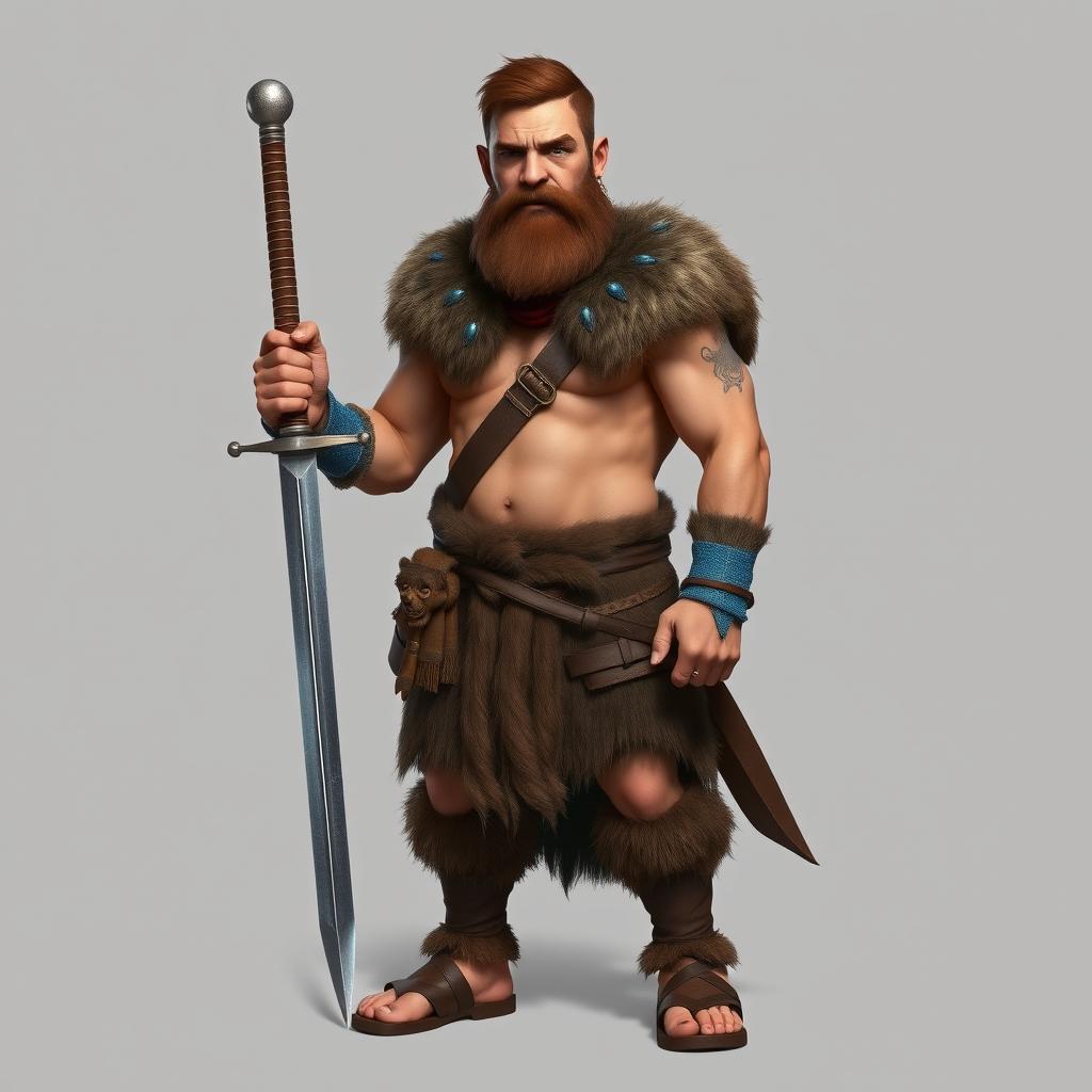 A standing medieval human barbarian with short brown hair and a beard