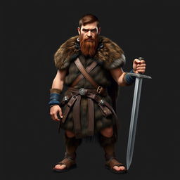 A standing medieval human barbarian with short brown hair and a beard