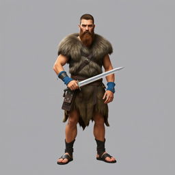 A standing medieval human barbarian with short brown hair and a beard