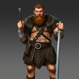 A standing medieval human barbarian with short brown hair and a beard
