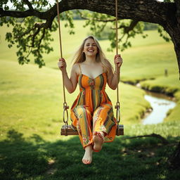 An analogue photograph capturing a full body shot of a curvy woman with long blonde hair