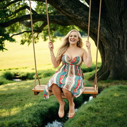 An analogue photograph capturing a full body shot of a curvy woman with long blonde hair